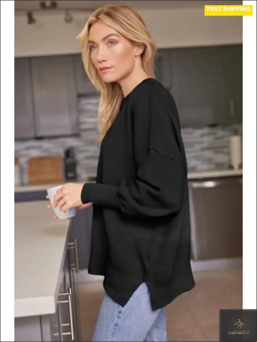 Oversized Batwing Knit Sweater Crewneck Side Slit Pullover